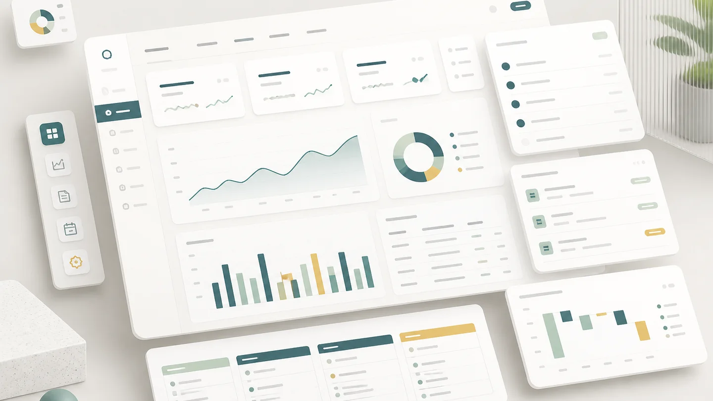 Conceptual Artiena Finora accounting software dashboard with cash-flow charts, invoice modules and financial reporting panels